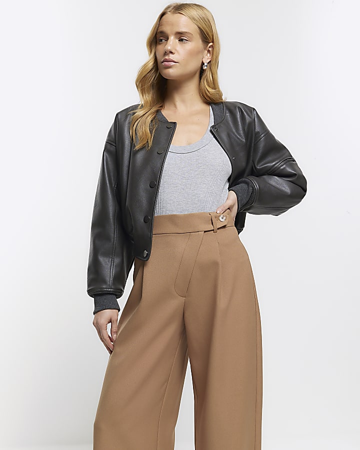 Beige asymmetric waist wide leg trousers