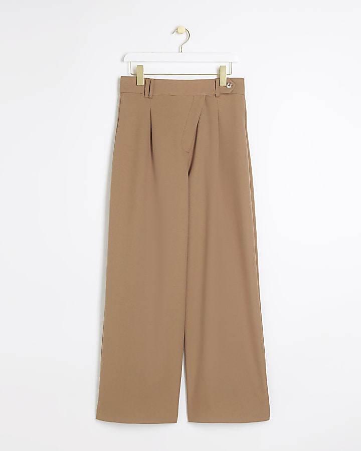 Beige asymmetric waist wide leg trousers