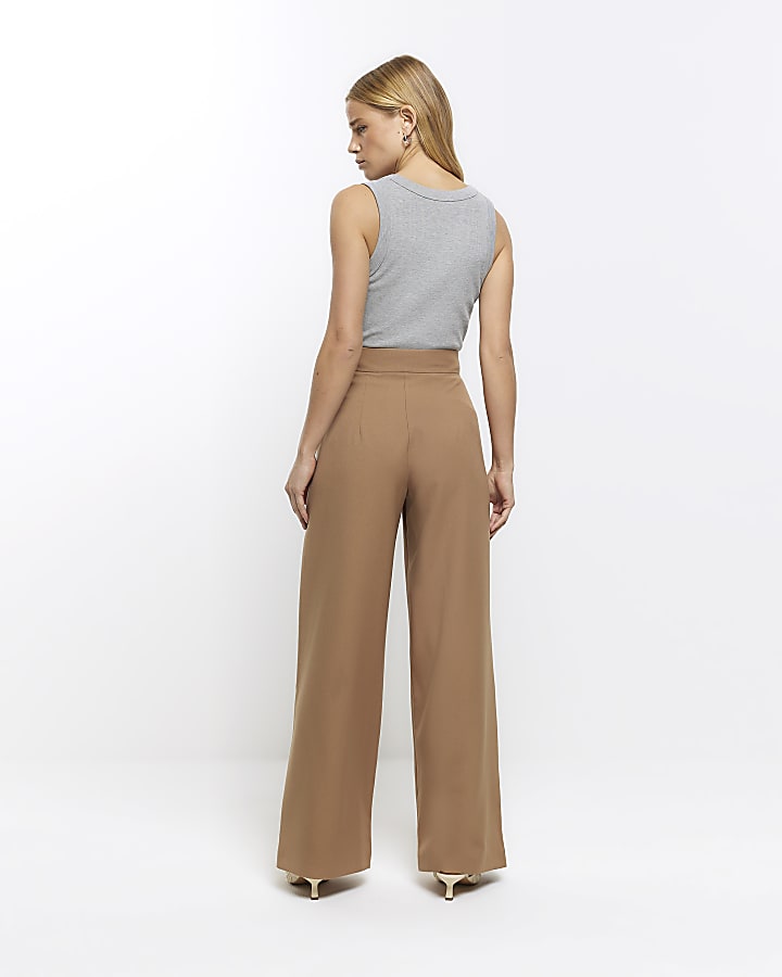 Beige asymmetric waist wide leg trousers
