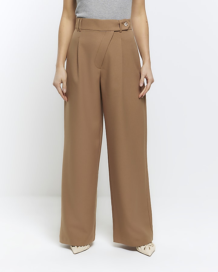 Beige asymmetric waist wide leg trousers