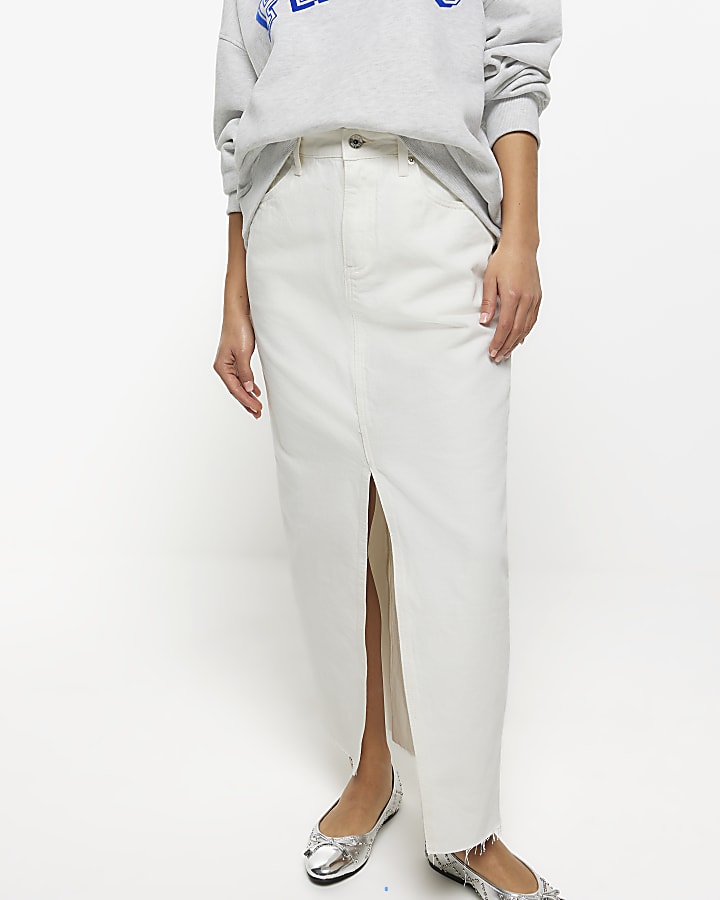 Petite white split hem denim maxi skirt