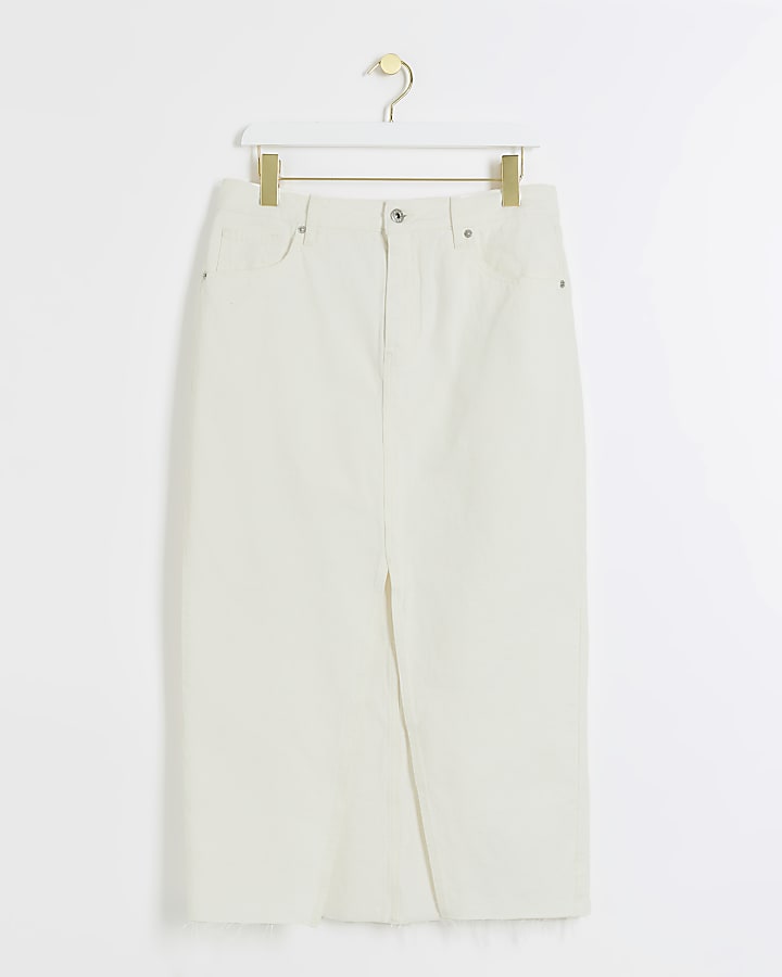 Petite white split hem denim maxi skirt