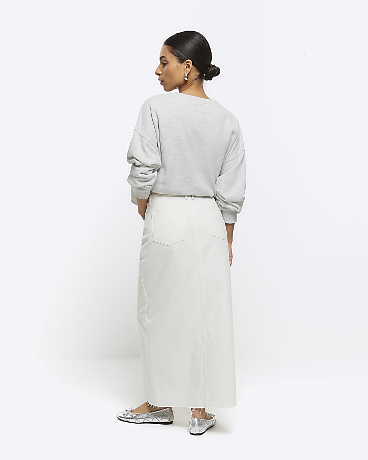 Petite white split hem denim maxi skirt