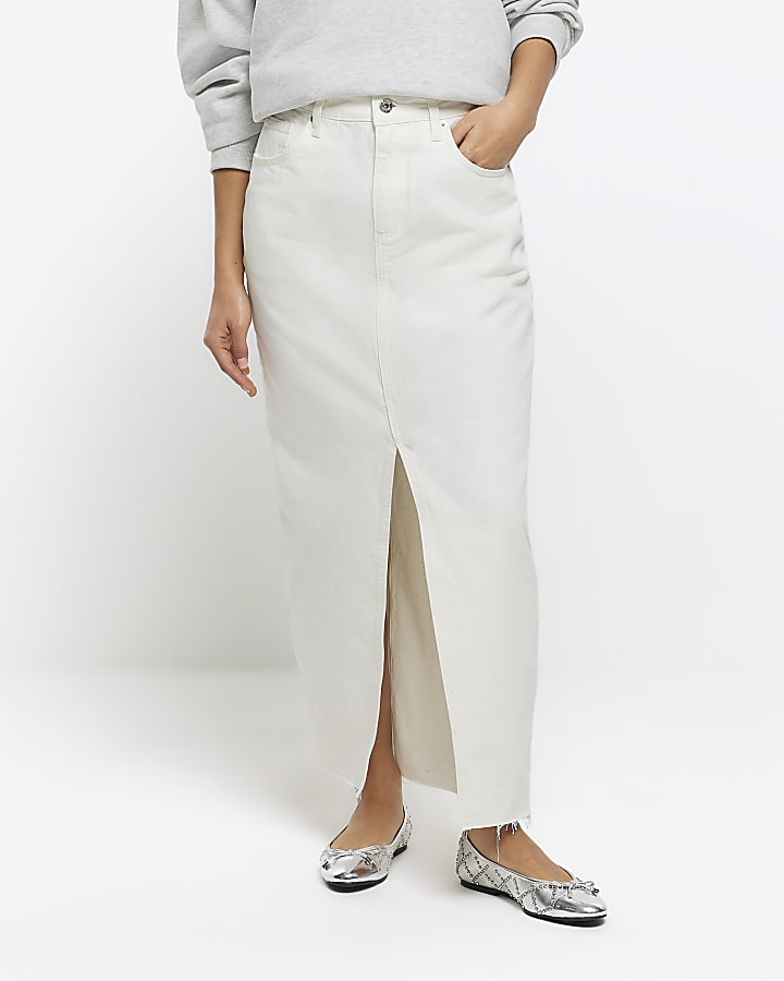 Petite white split hem denim maxi skirt