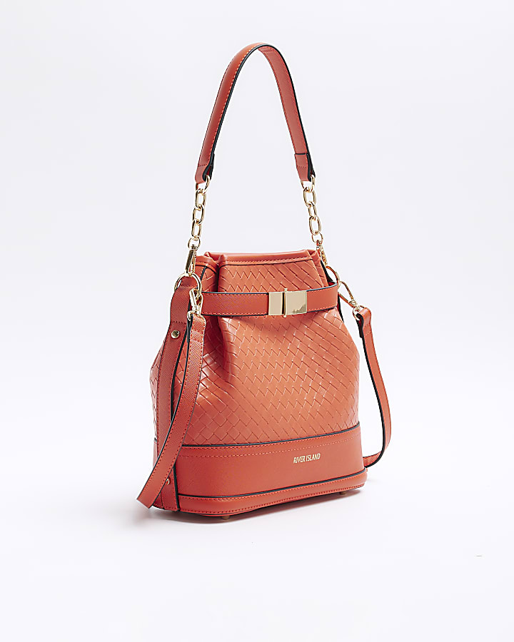 Orange weave bucket cross body bag