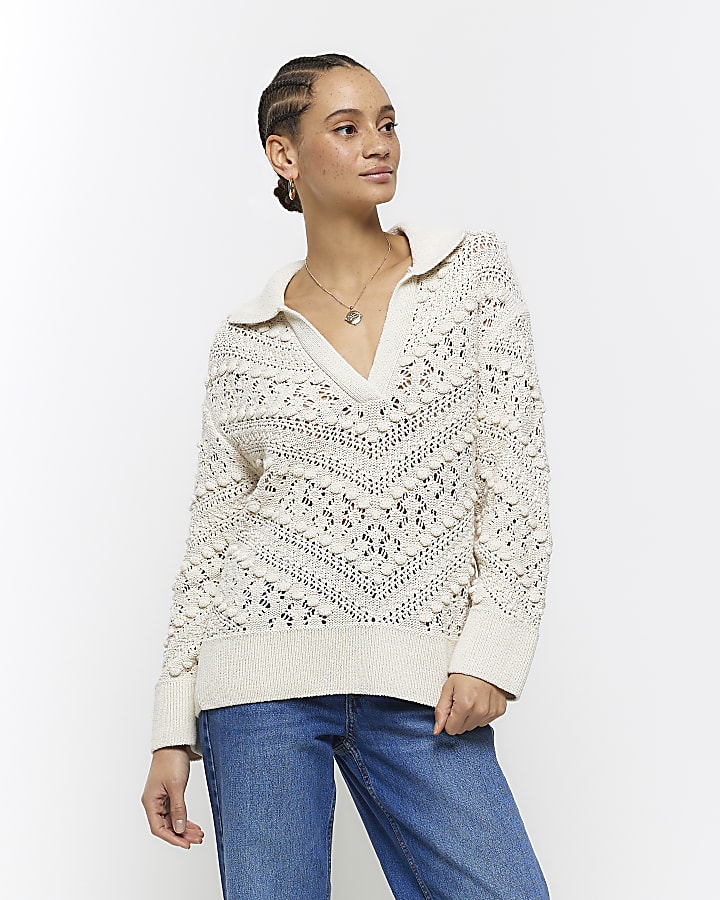 Cream crochet collared jumper River Island