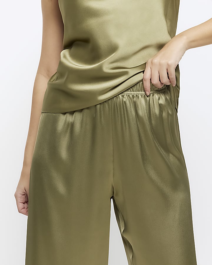 Khaki satin pull on wide leg trousers