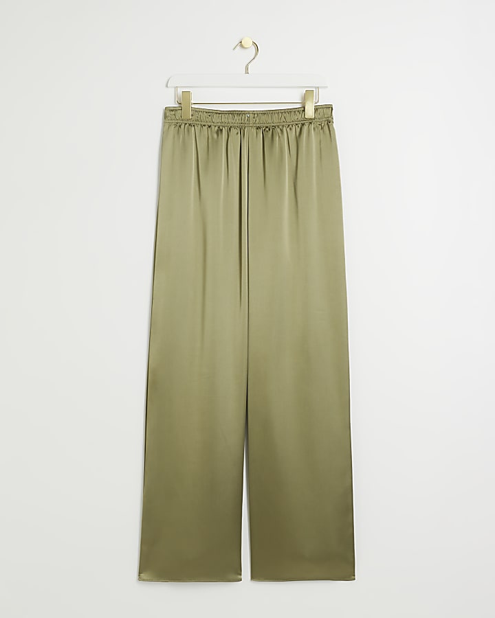 Khaki satin pull on wide leg trousers