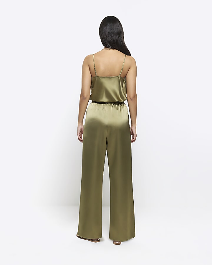 Khaki satin pull on wide leg trousers