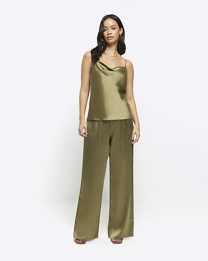 Khaki satin pull on wide leg trousers River Island