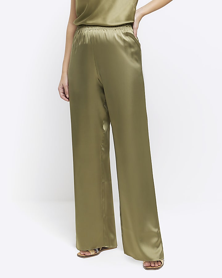 Khaki satin pull on wide leg trousers