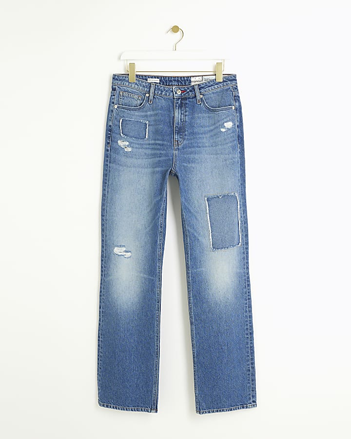 Blue patch stove pipe straight jeans