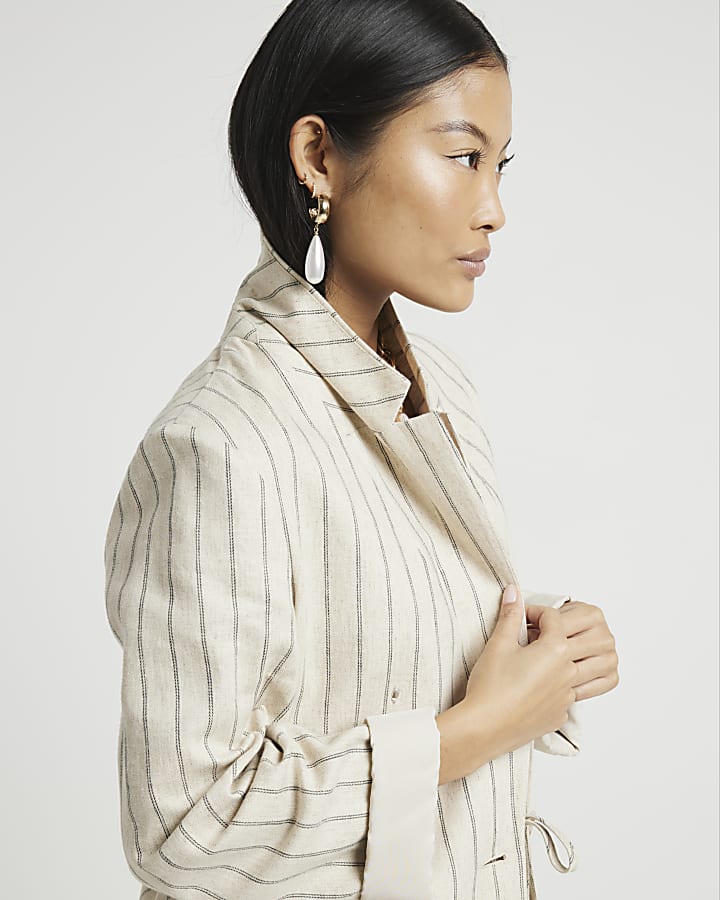 Petite Cream Stripe Embellished Blazer
