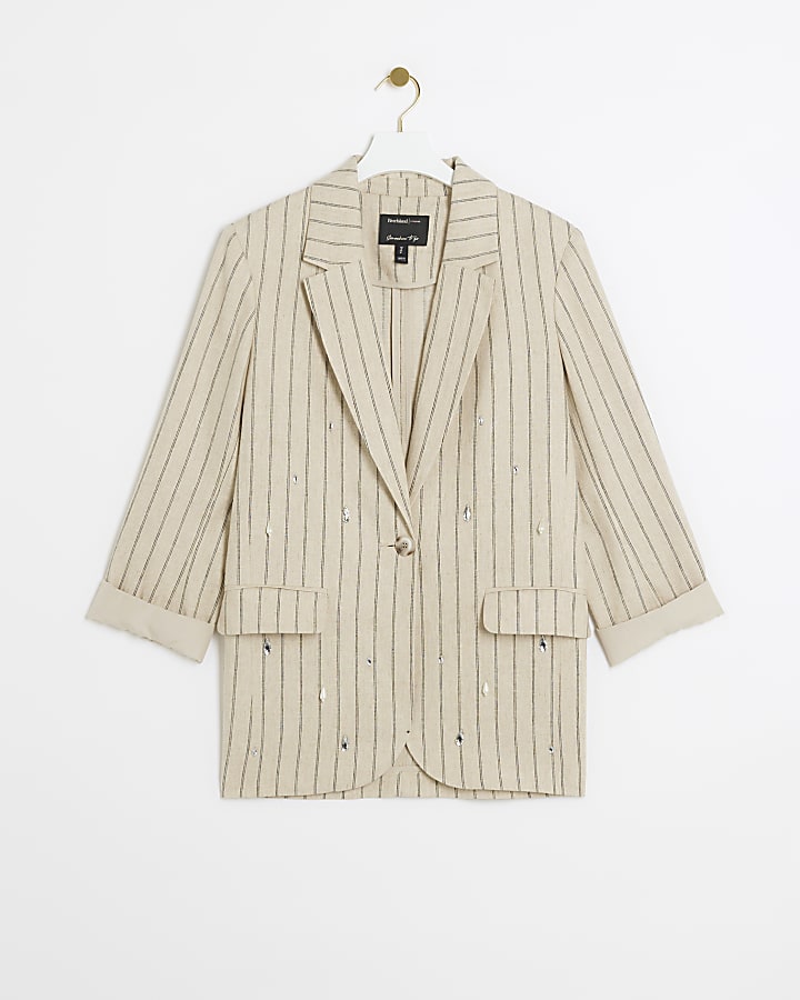 Petite Cream Stripe Embellished Blazer