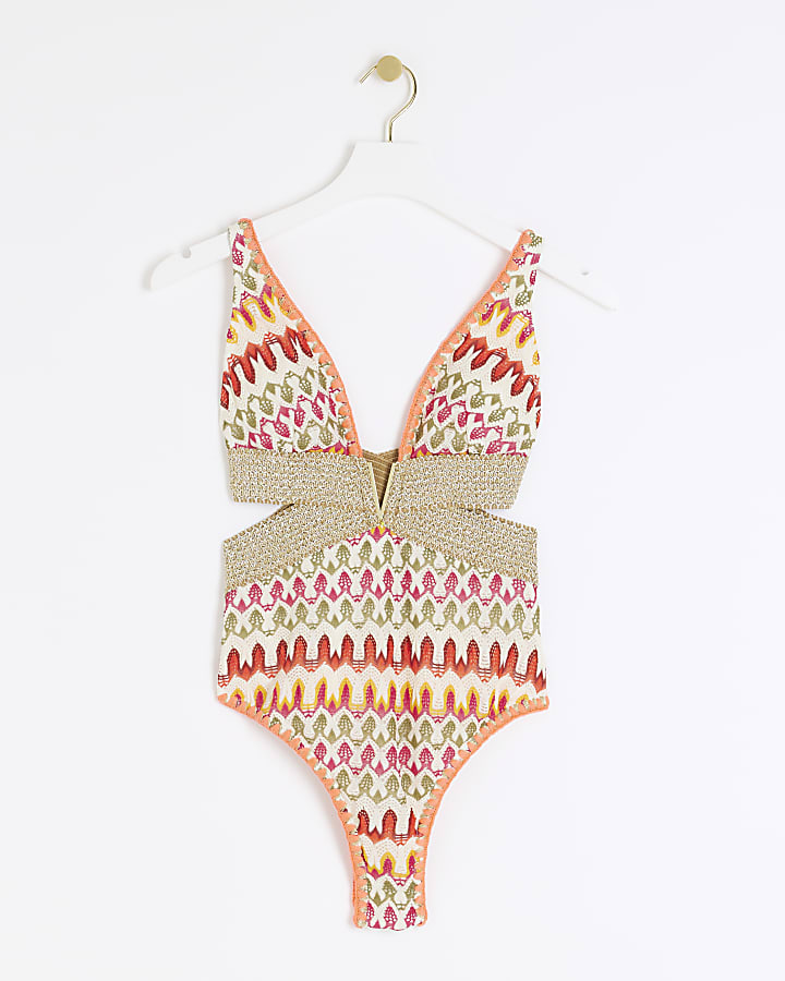 Cream crochet plunge swimsuit