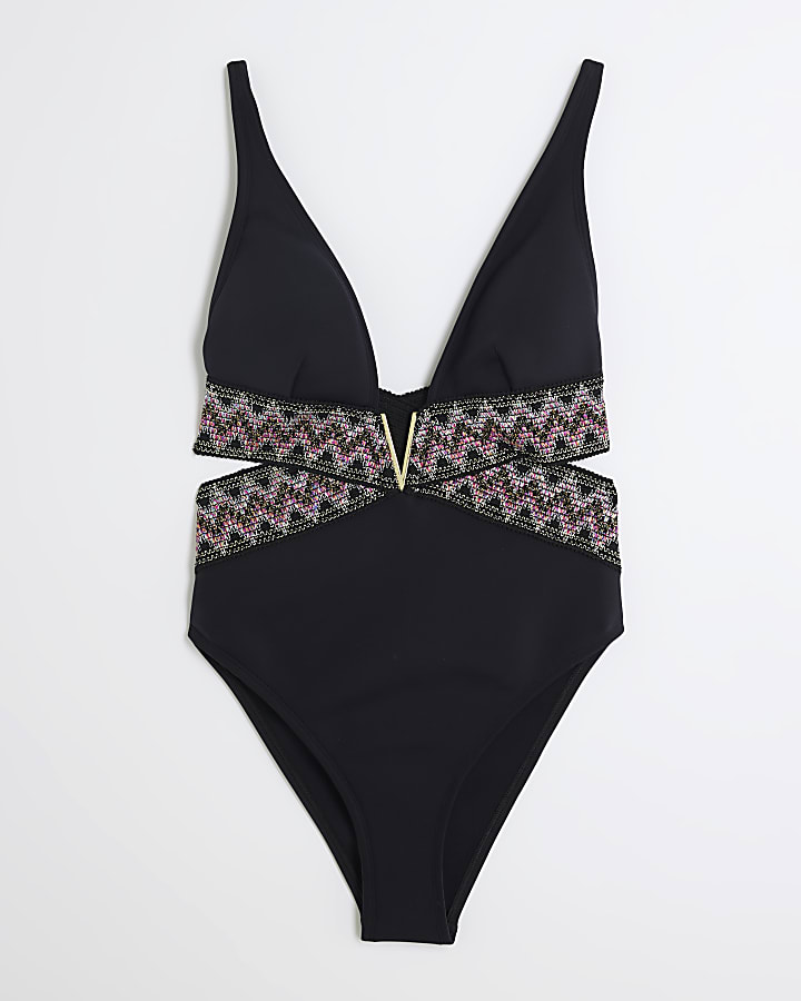 Black zig zag elastic plunge swimsuit