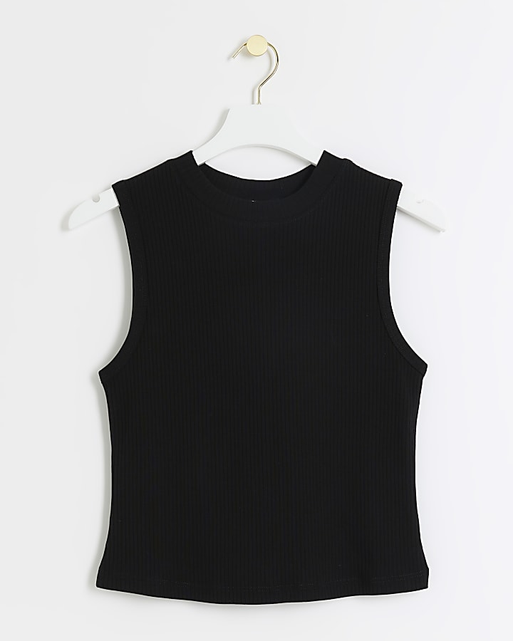 Black rib high neck tank top