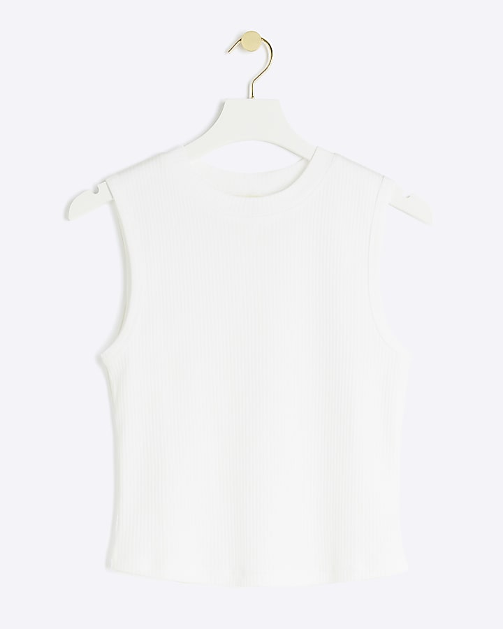 White rib high neck tank top