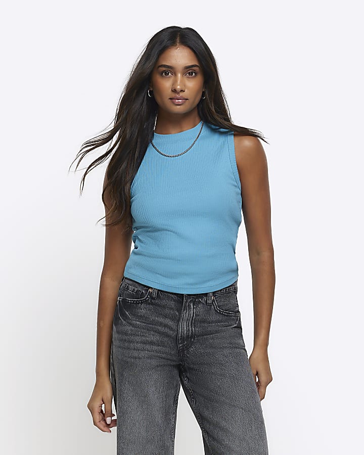 Blue rib high neck tank top River Island