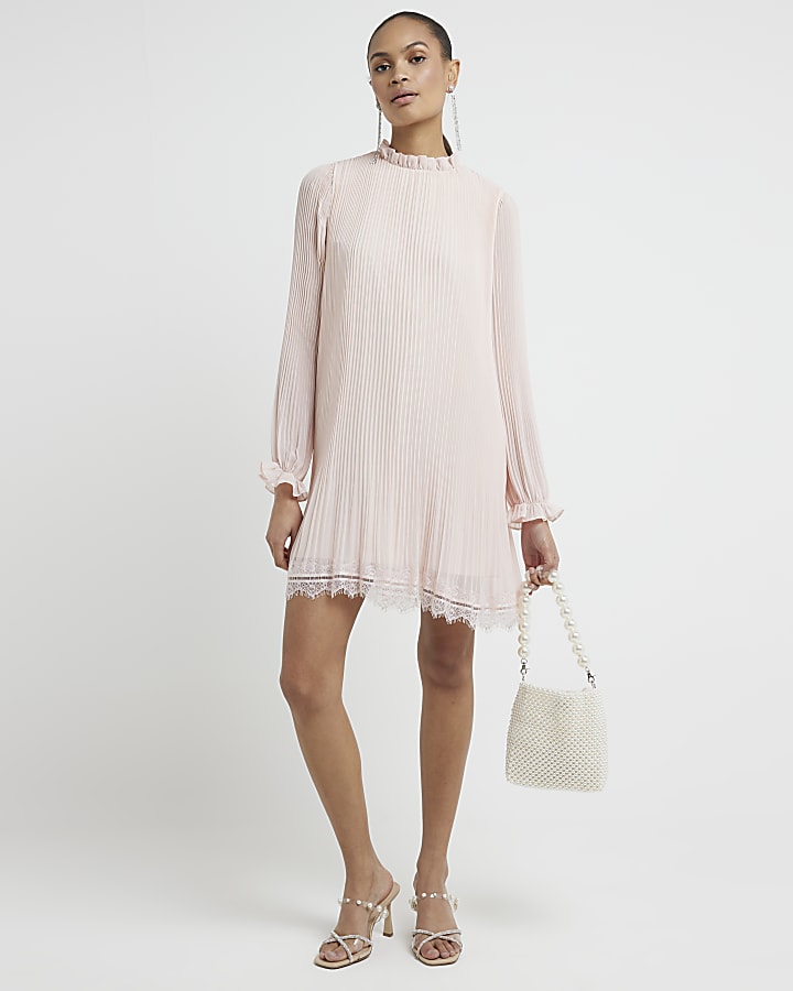 Pink plisse lace hem shift mini dress