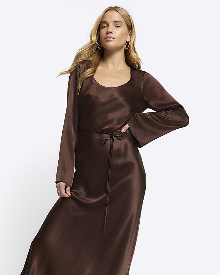 Brown satin belted slip midi dress