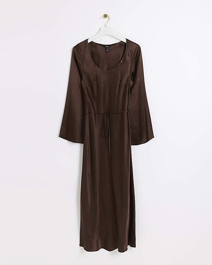 Brown satin belted slip midi dress