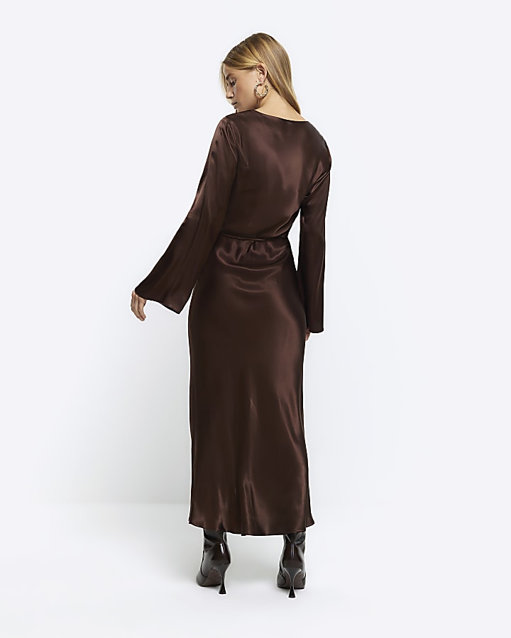 Brown satin belted slip midi dress