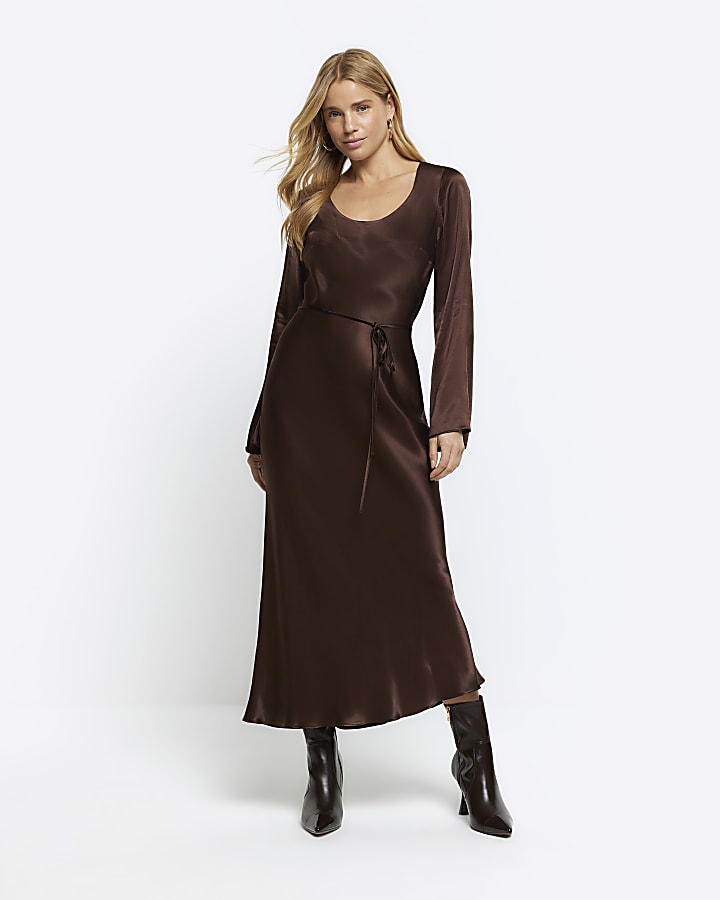 Brown satin belted slip midi dress