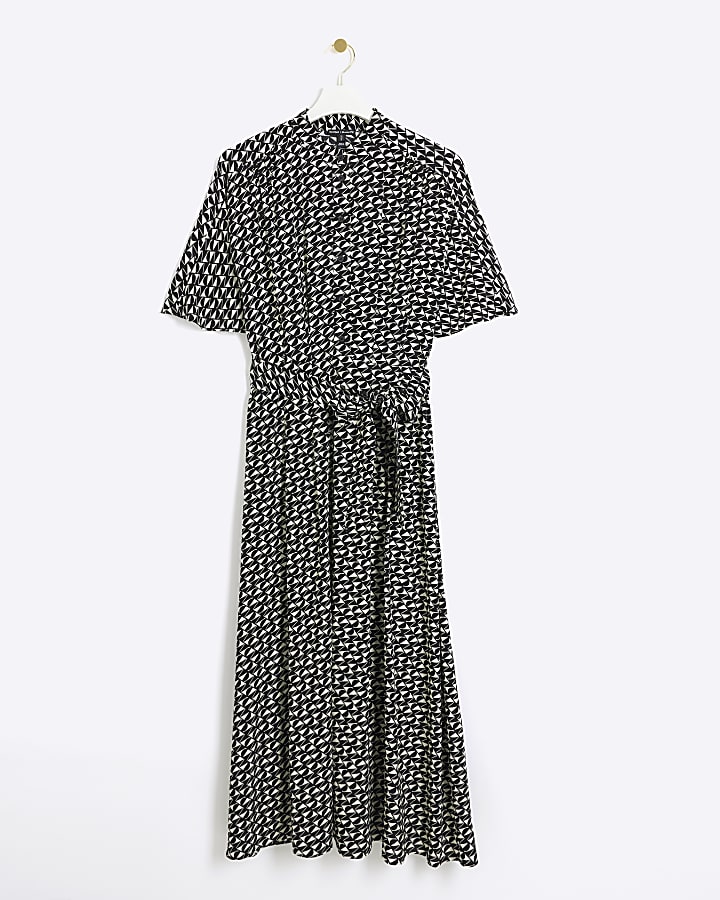 Black geometric belted midi shirt dress