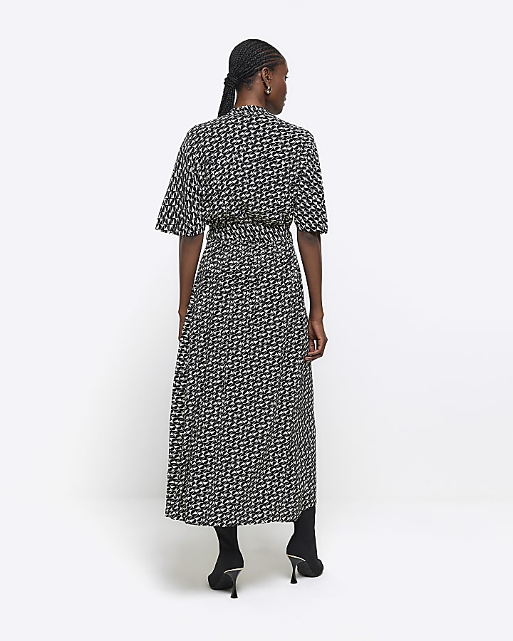 Black geometric belted midi shirt dress