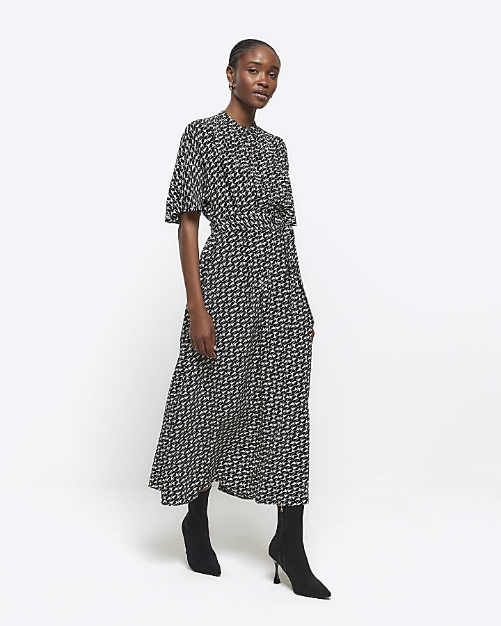 Black geometric belted midi shirt dress