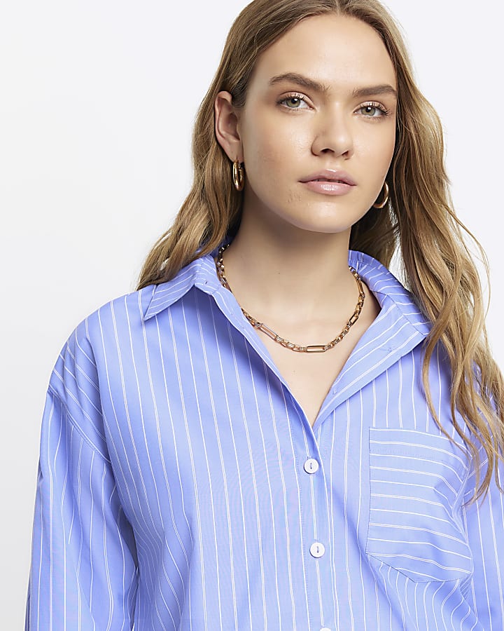 Blue stripe long sleeve crop shirt