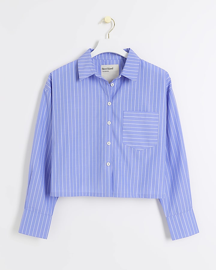 Blue stripe long sleeve crop shirt