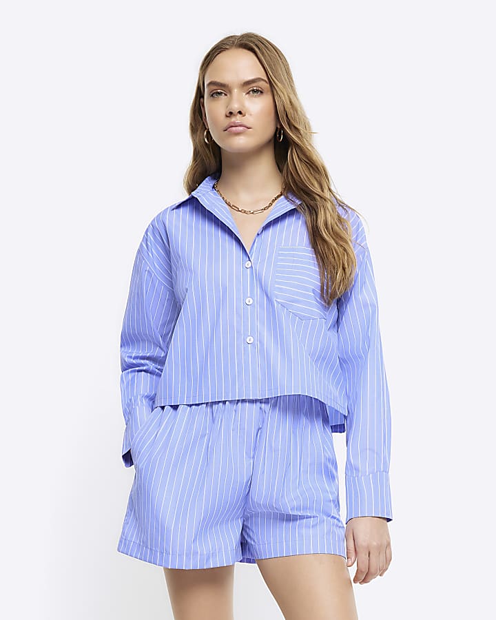 Blue stripe long sleeve crop shirt