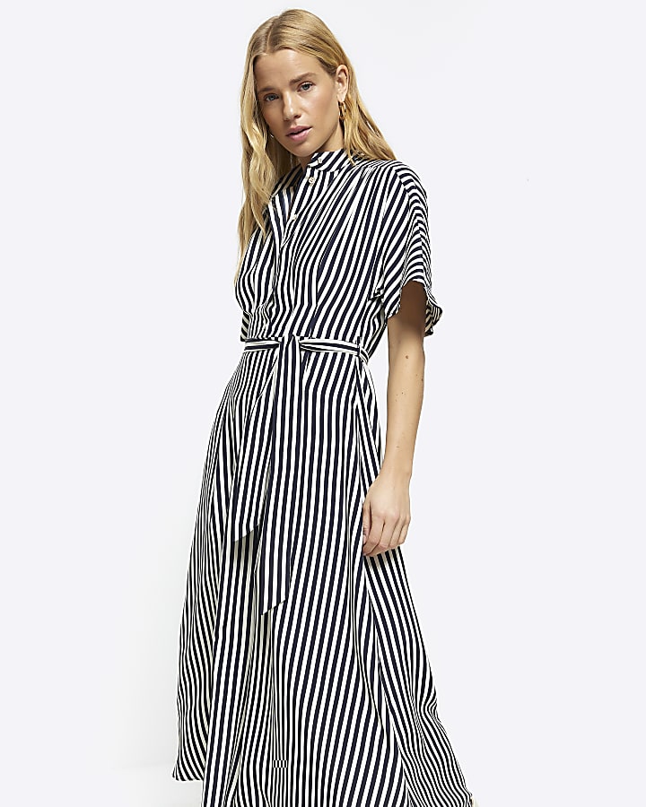 Navy stripe belted midi shirt dress