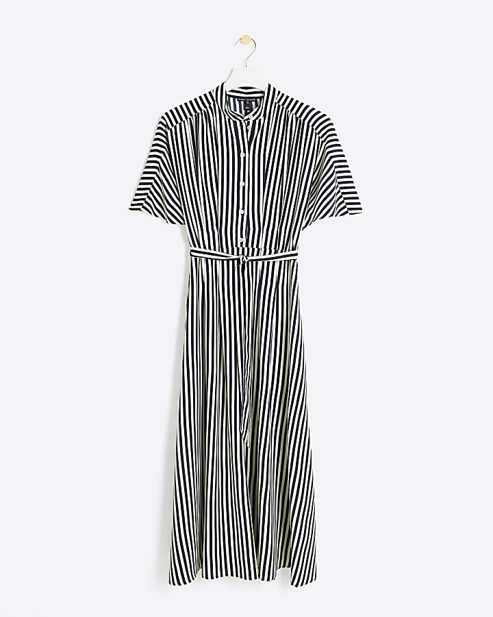 Navy stripe belted midi shirt dress