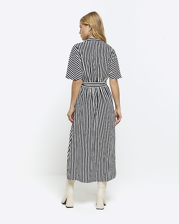 Navy stripe belted midi shirt dress