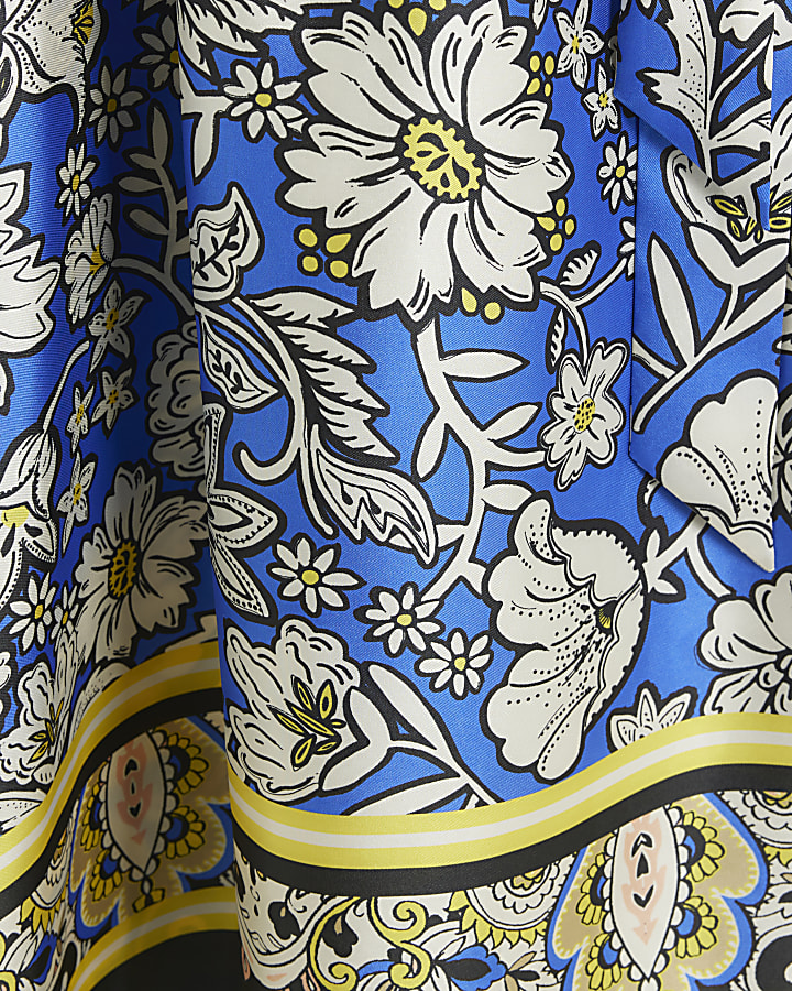 Blue satin floral belted midi shirt dress