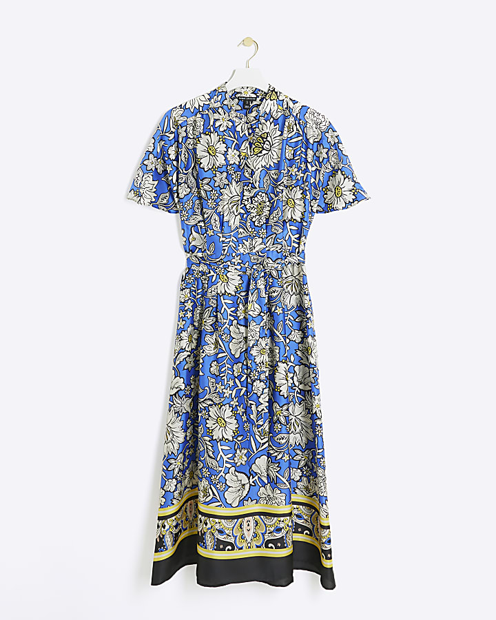 Blue satin floral belted midi shirt dress