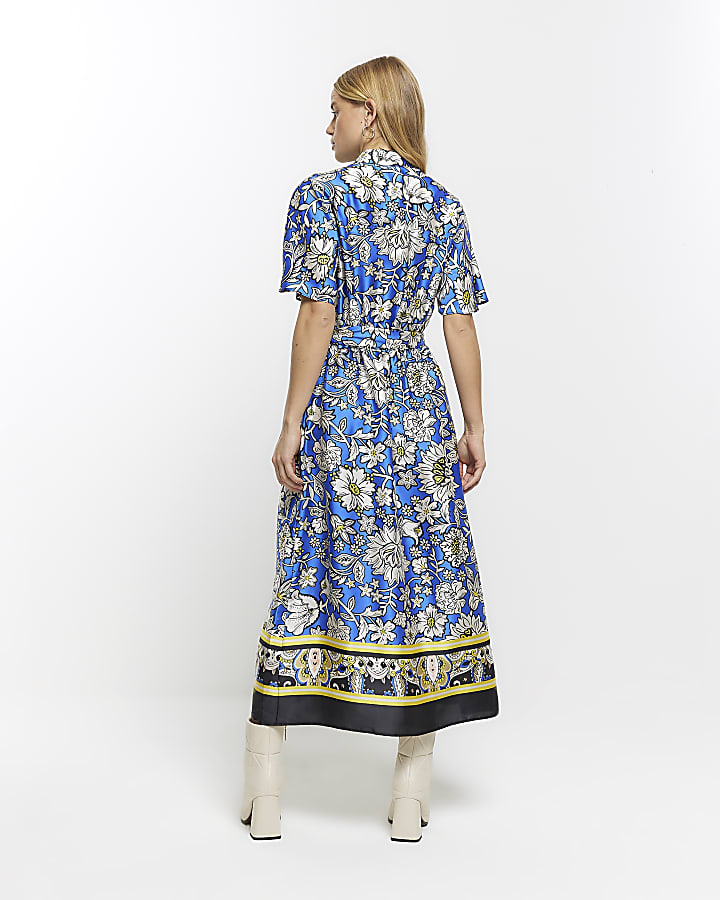Blue satin floral belted midi shirt dress