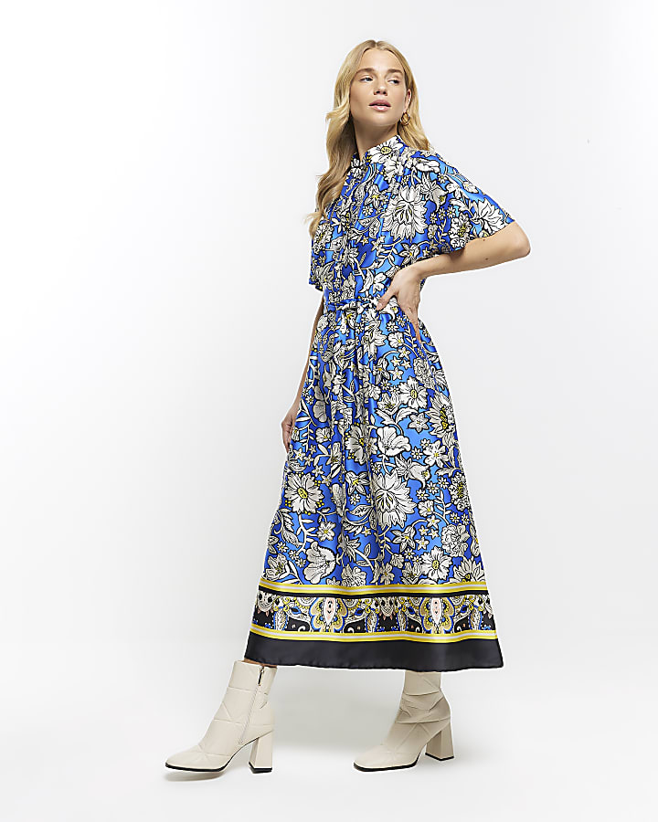 Blue satin floral belted midi shirt dress