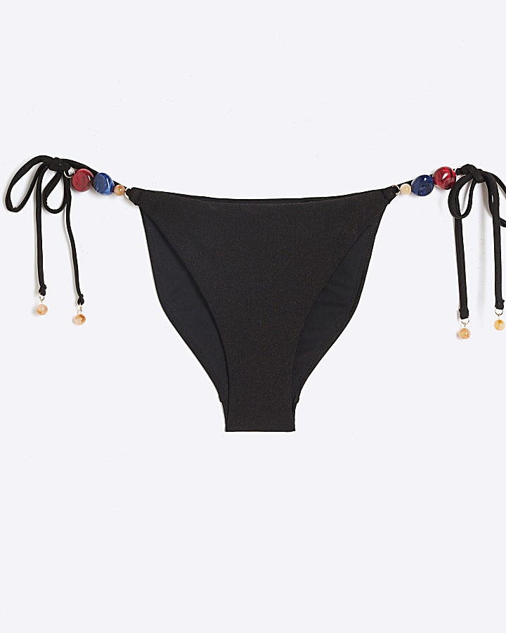Black beaded tie side bikini bottoms