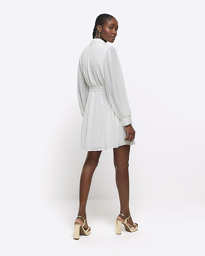 White plisse tie waist mini shirt dress