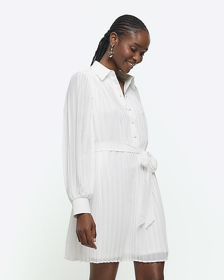 White plisse tie waist mini shirt dress