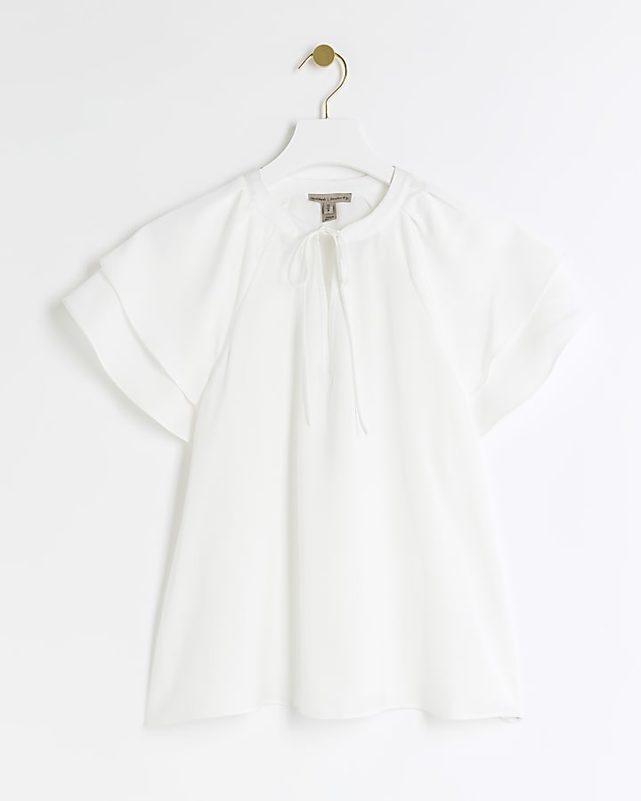 White satin frill sleeve blouse