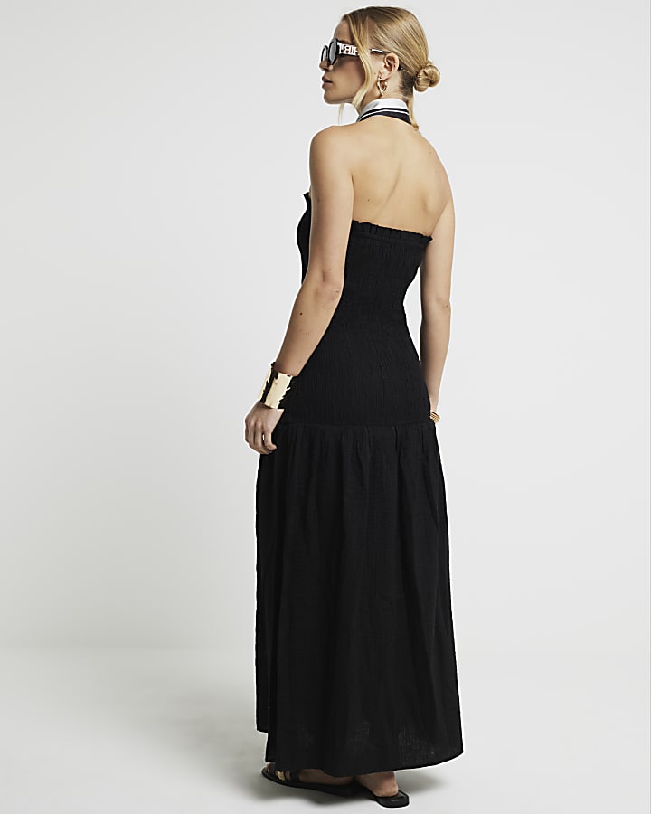 Black shirred bandeau maxi dress