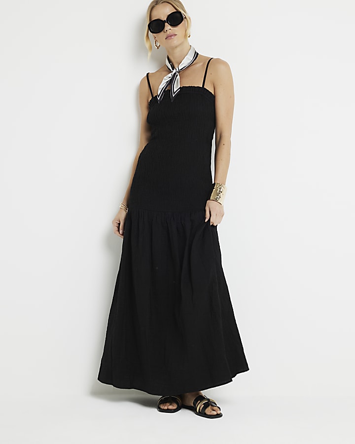 Black shirred bandeau maxi dress