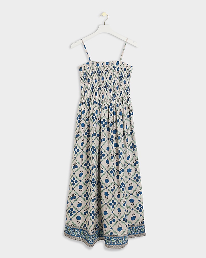 Blue floral shirred smock midi dress