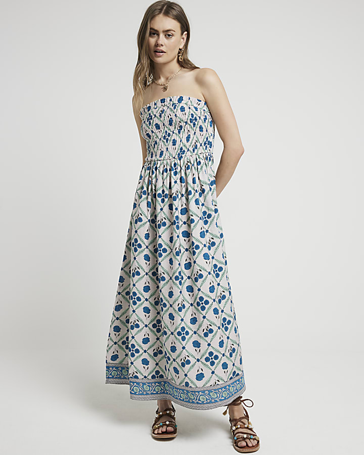 Blue floral shirred smock midi dress