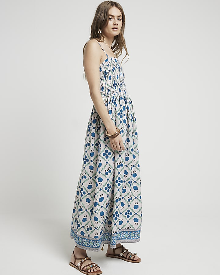 Blue floral shirred smock midi dress